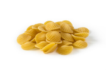 Side view of isolated a raw Italian durum wheat orecchiette pasta on a white background .