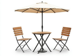 Cafe table with chair and parasol umbrella isolated on white background. Generative AI