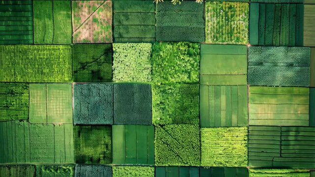 The landscape displays an expansive patchwork of vibrant green fields, exhibiting different crop types flourishing under bright daylight, highlighting the beauty of agriculture.