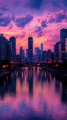 Naklejka premium Dramatic City View with Reflections on Calm River at Sunset