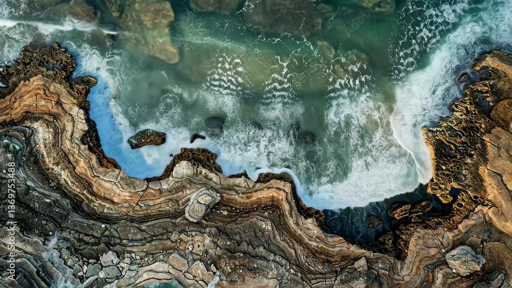 Poster view from above showcasing intricate rock patterns as ocean waves crash against the rugged coastline