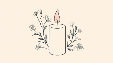 Lit candle with flowers, peaceful background, remembrance