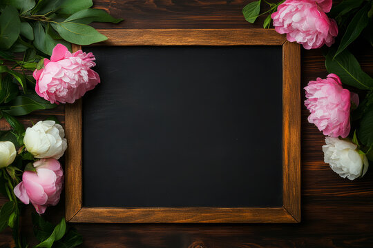 Blank Chalkboard Frame Surrounded by Fresh Pink and White Peonies on Wooden Background