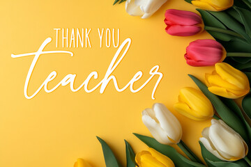 Colorful Thank You Message for Teacher with Fresh Tulips on Bright Yellow Background