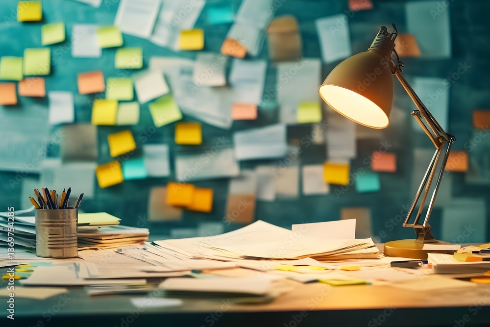 Poster cluttered desk with documents reports and sticky notes under a warm desk lamp