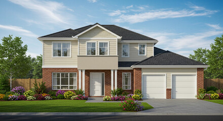 Obraz premium Beautiful suburban house with brick and siding exterior, lush landscaping, and a two-car garage.