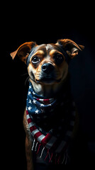 dog wearing America scarf, cute, black background, created by generative ai