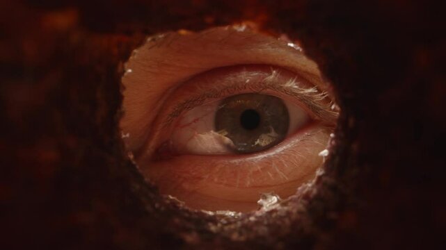 A Piercing Male Eye Peers Through a Roughly Torn Hole, Capturing an Unsettling and Mysterious Perspective with Dark Shadows and a Tunnel Effect