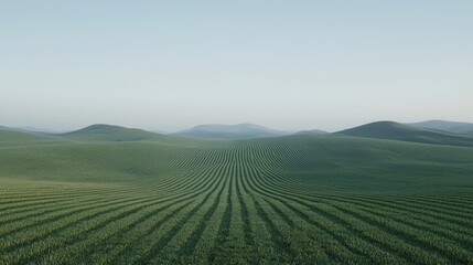 Fototapeta premium Vast green field stretching to rolling hills