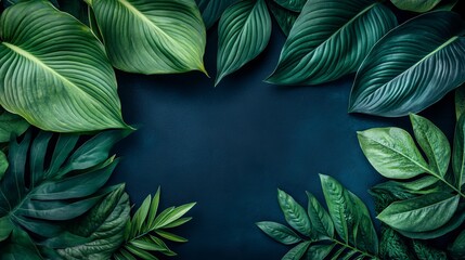 Fototapeta premium Tropical Green Leaves Frame on Dark Blue Background, Exotic Nature Flat Lay Design Concept