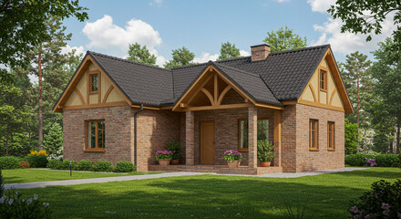 Obraz premium Charming brick country house with wooden accents, a gabled roof, and a lush green landscape.
