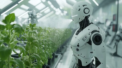 Fototapeta premium Futuristic humanoid robot tending to plants in a high-tech greenhouse with artificial lighting and advanced monitoring systems, showcasing smart agriculture and automation in a clean lab environment.