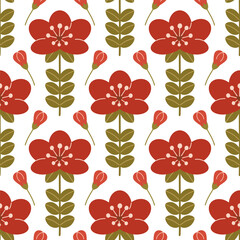  seamless pattern with a red flower and a bud next on a white background.
