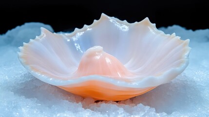 Delicate, pastel-hued scallop shell, resting on ice