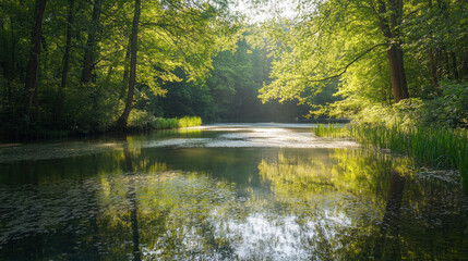 A serene forest pond with lush greenery and sunlight filtering through the trees