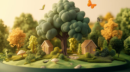 A whimsical 3D landscape featuring colorful trees and a cozy house, surrounded by flowers and butterflies, evoking a sense of tranquility