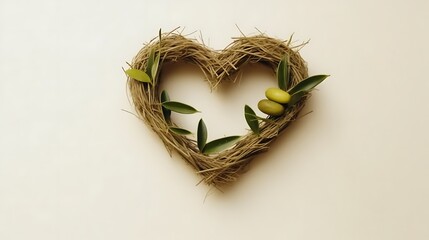 Fototapeta premium Hay Heart Decorated With Olives And Leaves