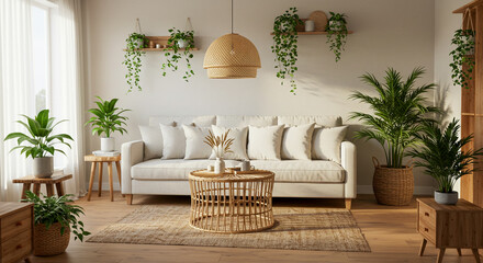 Cozy boho living room with natural wood decor, indoor plants, and soft neutral tones.