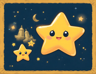 Fototapeta premium Cute Kawaii Colorful Stars and Shooting Star in Night Sky – Adorable Cosmic Illustration