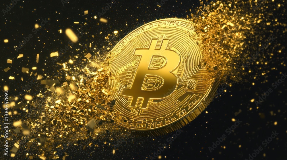 Poster exploding golden bitcoin on black background