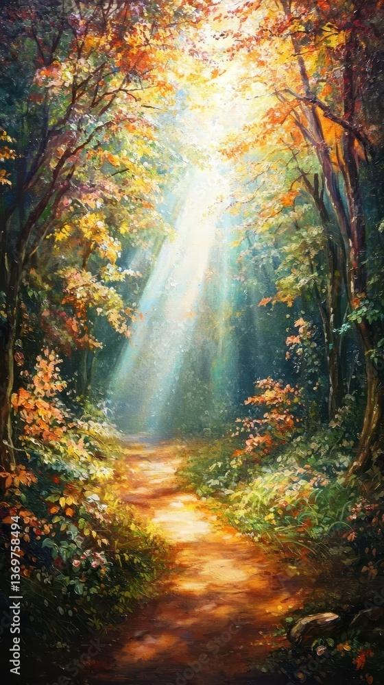 Poster dreamlike forest scene with quiet hidden path inviting exploration