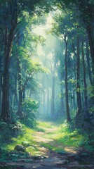 Obraz premium Dreamlike Forest Scene with Sun Dappled Clearings and Soft Light