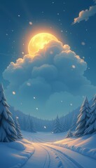 Naklejka premium Snowy landscape featuring a full moon hovering over pine trees 