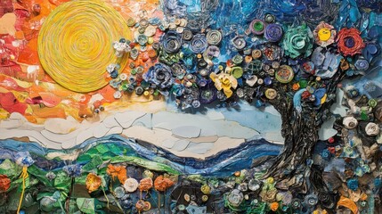 Colorful depiction of a tree next to a sun and landscape