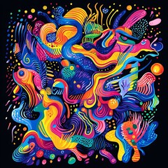 Abstract vibrant fluid art featuring organic shapes against a dark backdrop. Design for creative projects