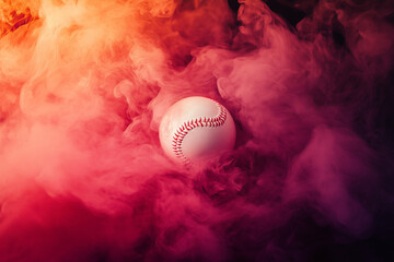 A lone baseball engulfed in fiery red and orange smoke, symbolizing intense competition and the thrill of victory with dramatic lighting and vibrant color grading.