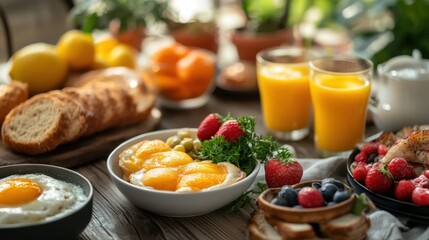 Delicious breakfast arrangement featuring eggs, fruit, juice and bread