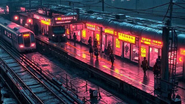 Neon rain, nighttime train station, people walking, urban scene,  background shops,  high-resolution image for posters, prints, and social media