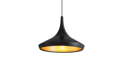 A black lamp with a yellow shade is hanging from a ceiling