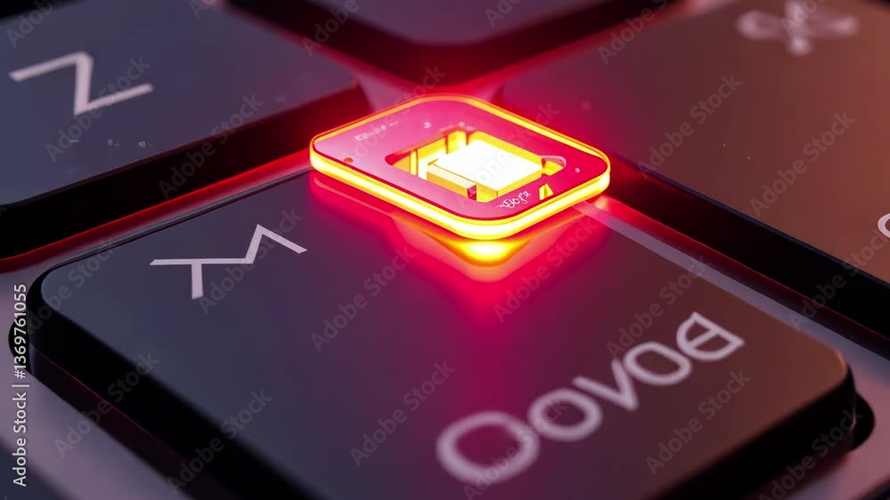Poster a keyboard with illuminated keys partially lit in red sits in a dark environment, highlighting the s