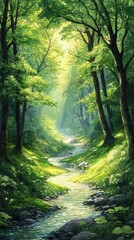 Naklejka premium Enchanted Mountain Forest with Winding Sparkling Stream