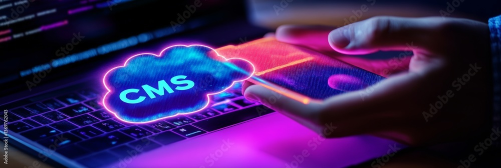 Poster cloud based content management, hands typing on laptop connecting to cms, software technology