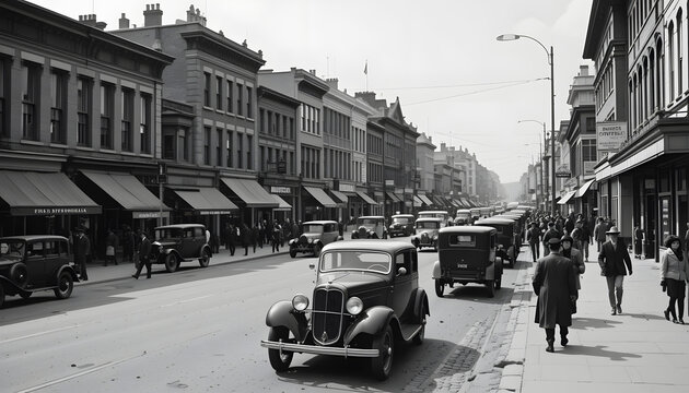 Fototapeta A vintage black and white city street photograph showing old cars and people walking, reflecting history, nostalgia, and timeless urban life with an old-world aesthetic and retro transportation.