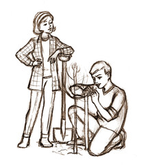 Pencil drawing. Children planting a tree