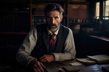 A man in a vest and tie sits at a desk with a book in front of him