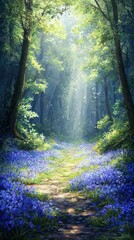Obraz premium Enchanted Nature Scene with Carpet of Bluebells in Sunlit Forest