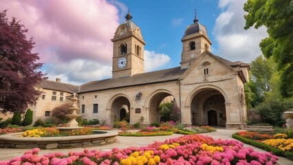 Historic stone building with a large central arch and prominent clock tower,