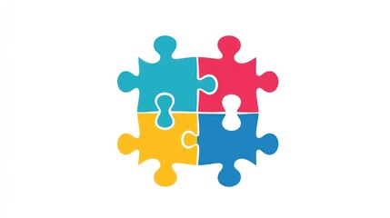 Four colorful puzzle pieces interlock; teamwork concept