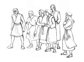 Pencil drawing. The men caught the guy and are leading him