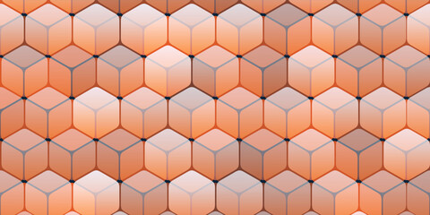 Obraz premium A geometric pattern of repeating cubes fitted into a hexagonal grid and with subtle orange and gray gradients. The 3D effect adds depth, creating a modern and versatile background design.