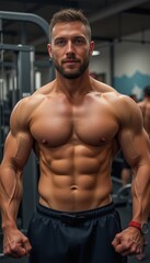Fototapeta premium Muscular man posing confidently in a gym setting 