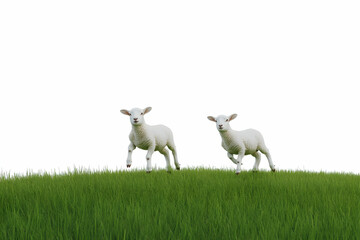 Fototapeta premium Two adorable lambs frolicking on a vibrant green meadow under the bright sky. Livestock animals in nature