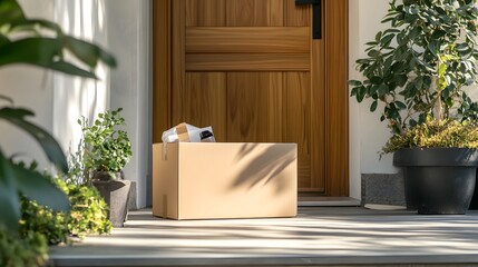 Cardboard Package Delivered Outdoors at Home Entrance Sunlight