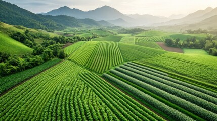 Fototapeta premium Lush fields stretch across the landscape, showcasing vibrant crops and undulating hills under soft morning light. Nature's beauty invites agricultural vitality
