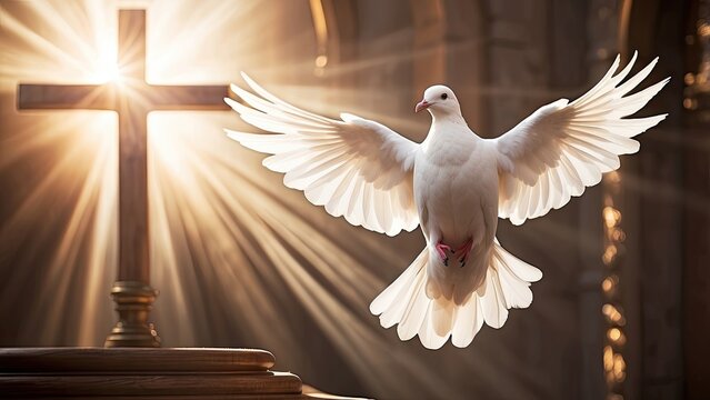 A white dove in mid-flight is depicted against a bright blue sky,