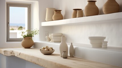 Minimalist interior showcasing earthen pottery on a wooden countertop